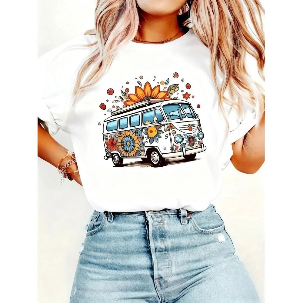 Women s Vintage Hippie Van T-Shirt Floral Boho Retro Bus White Black Casual Top
