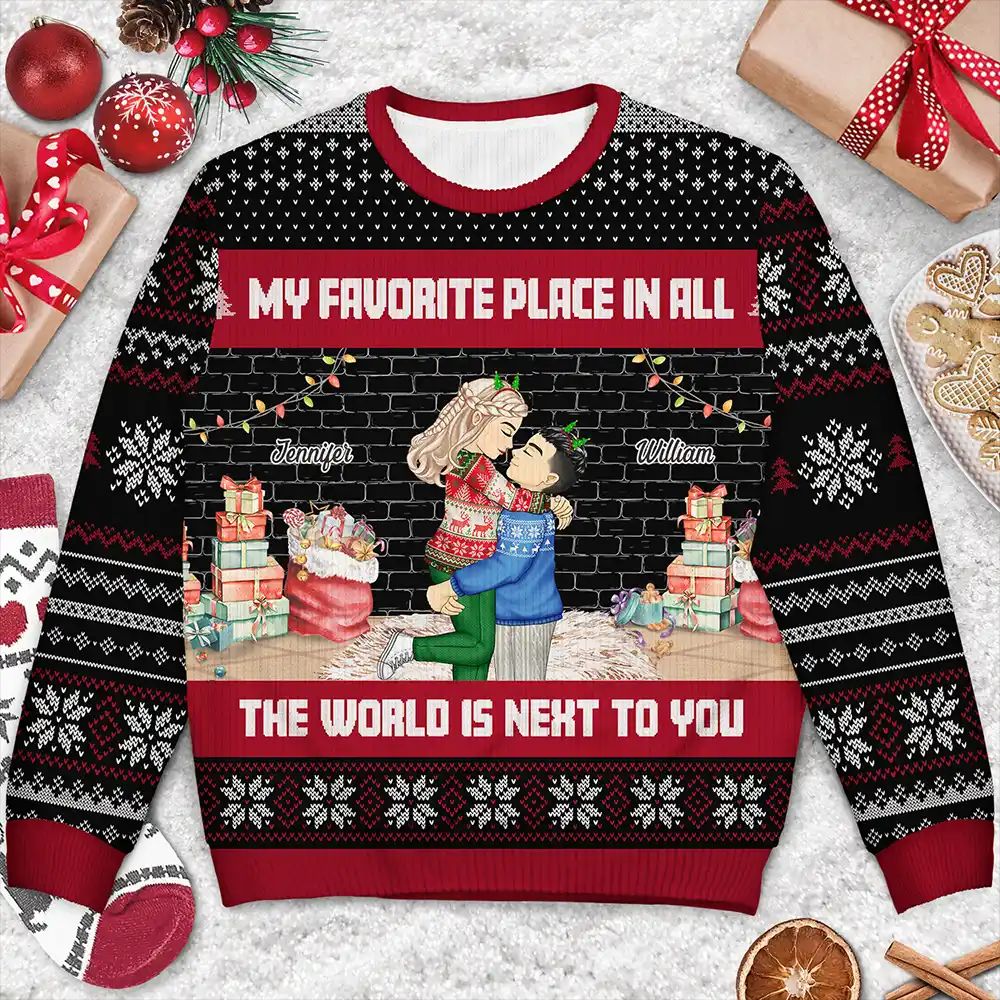 Christmas Couple My Favorite Place In The World - Personalized Unisex Ugly Sweater