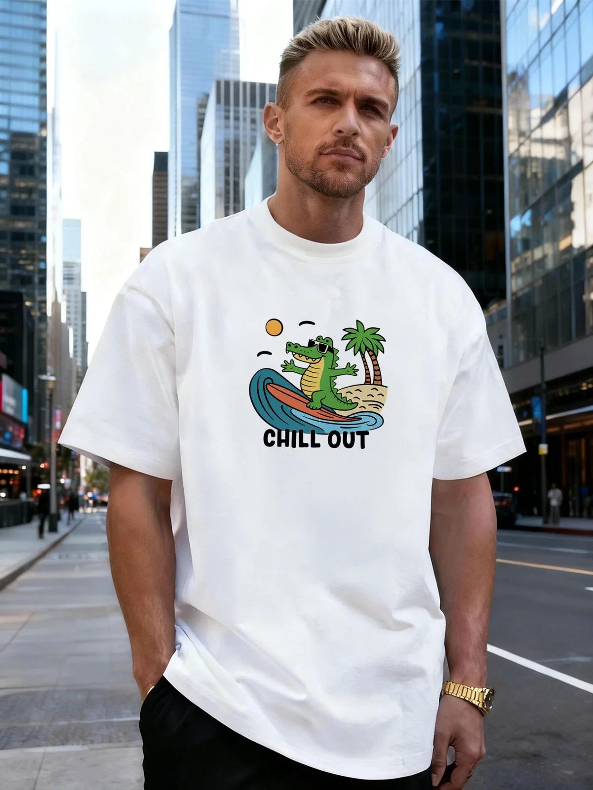Surfing Alligator Graphic 100% Cotton Men's T-Shirt  for Daily Casual Wear