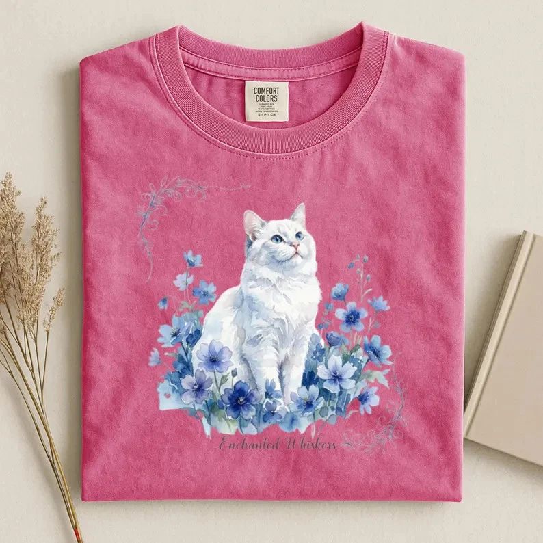 Watercolor White Cat Comfort Tee Enchanted Animal Lover Soft Shirt Gift