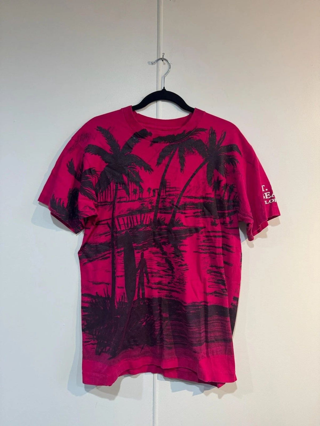 Vintage Florida Beach Surf Shirt Mens Medium Pink Palm Tree Tee T-Shirt 90s