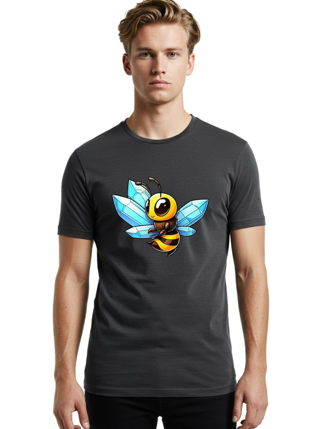 Cartoon-Bee-Crystals Mens Graphic Tee, 100% Cotton, Casual Summer Wear