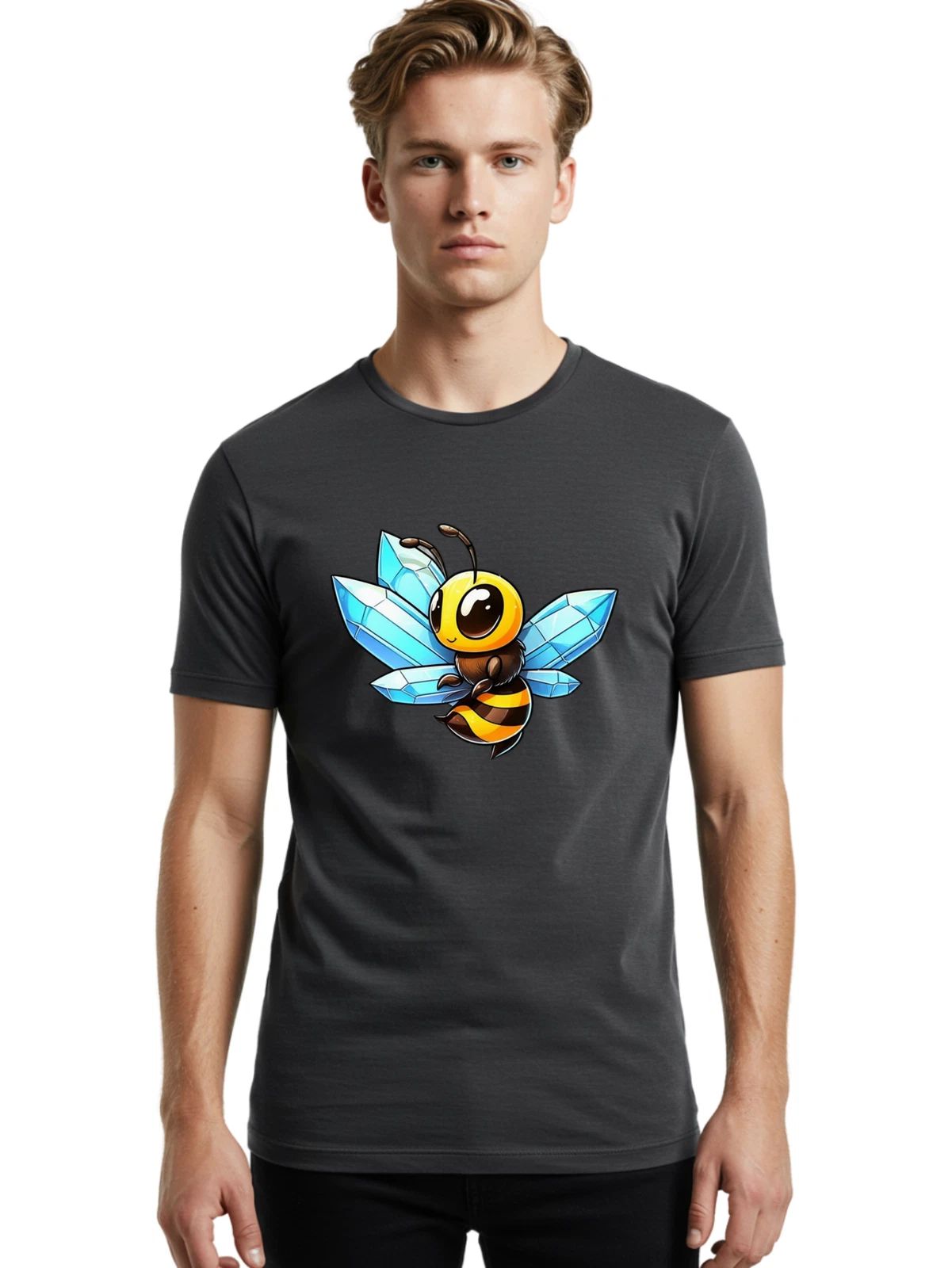 Cartoon-Bee-Crystals Mens Graphic Tee, 100% Cotton, Casual Summer Wear