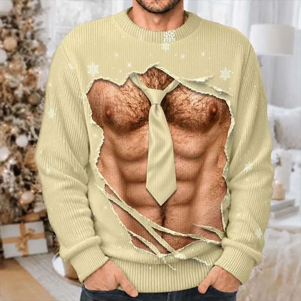 Christmas Gift For Husband Dad Grandpa - Personalized Funny Hairy Belly Abs Body Unisex Ugly Sweater