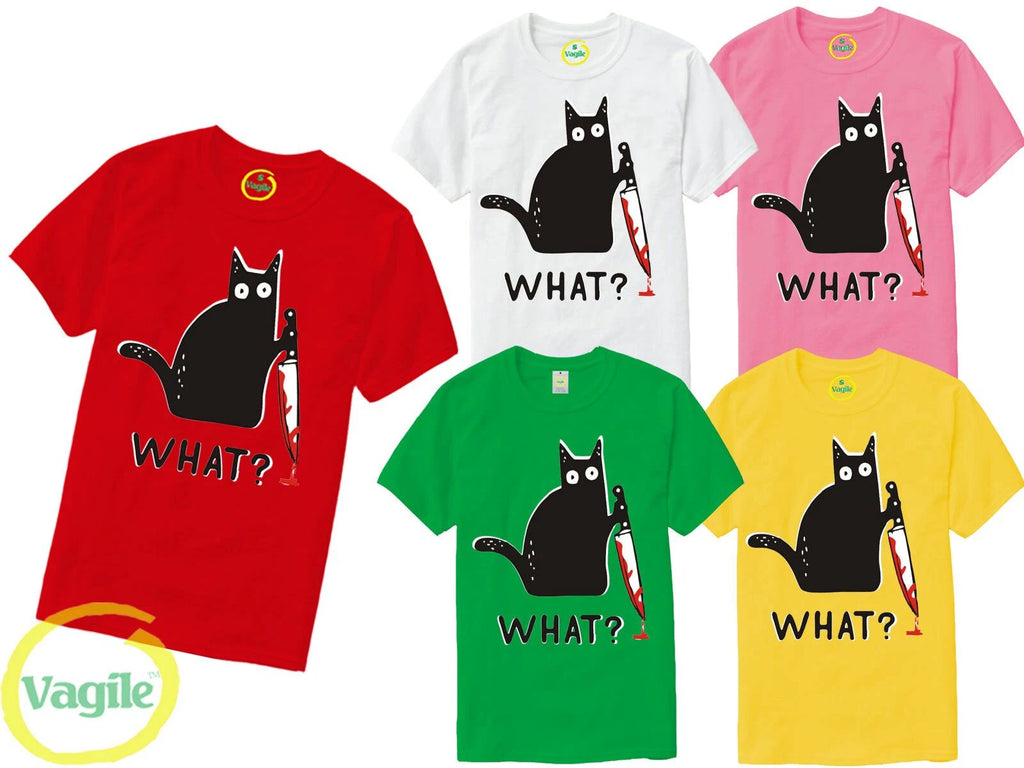 HALLOWEEN CAT WITH KNIFE WHAT PRINT MURDEROUS CAT FUNNY PARTY UNISEX T-SHIRT TEE