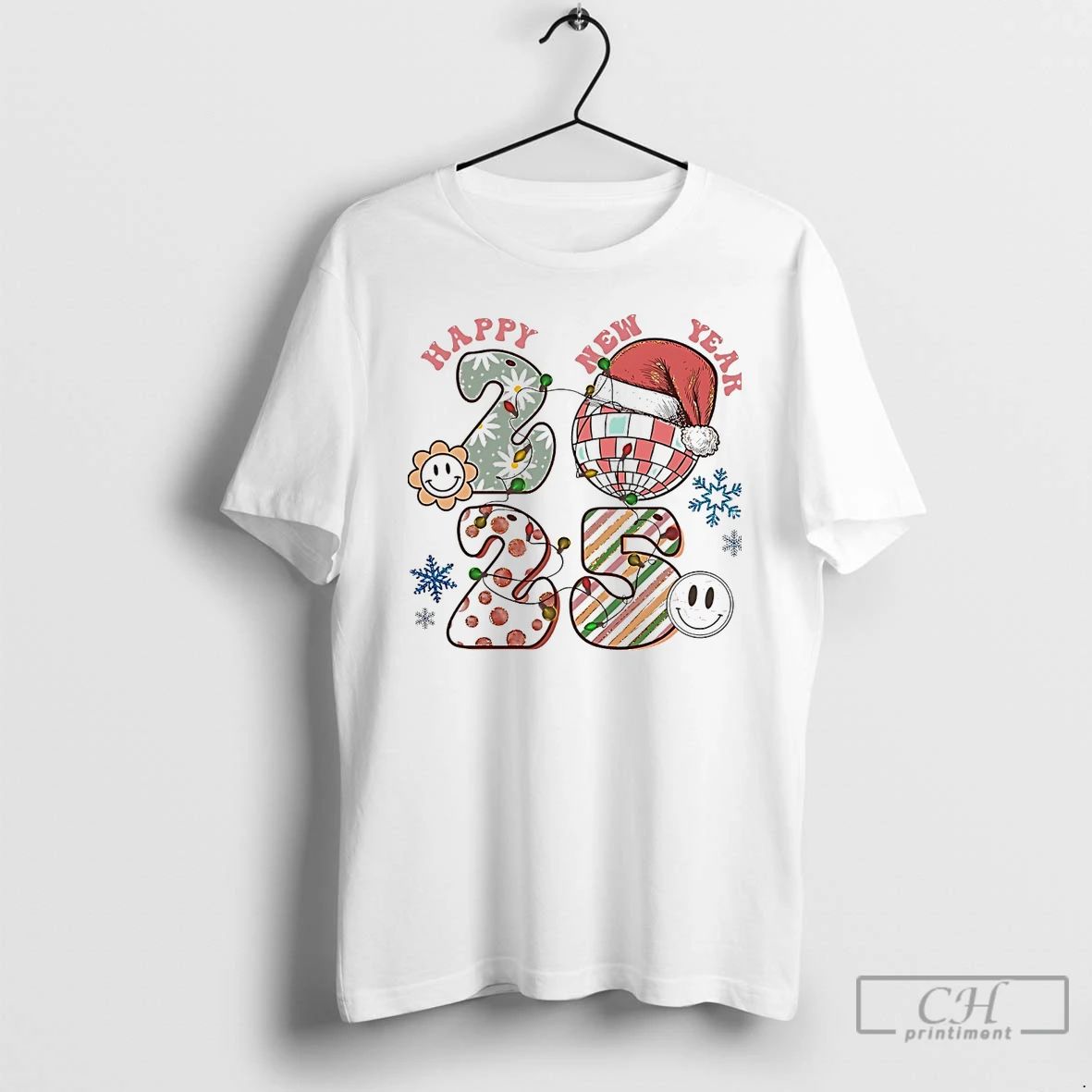 Classic Happy New Year 2025 Disco Ball Retro Christmas White T Shirts
