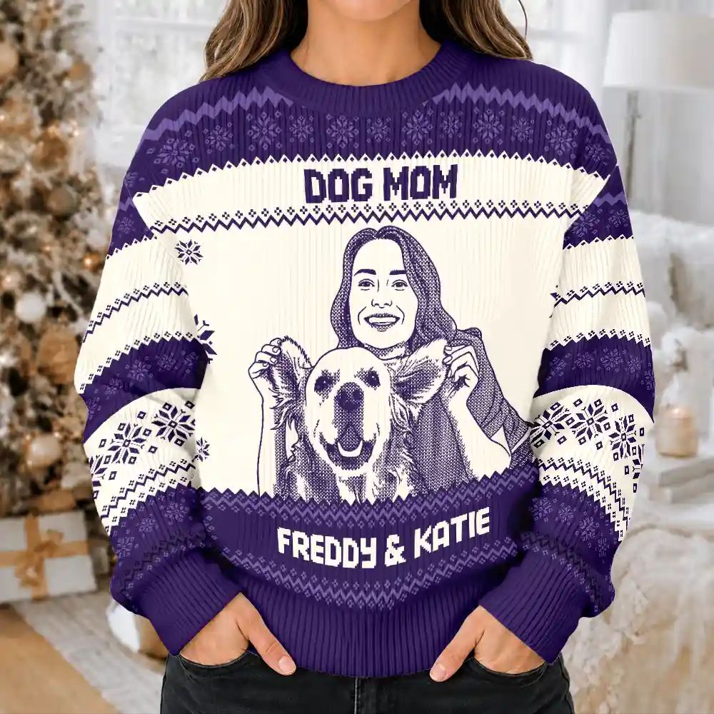Christmas Gift For Pet Lovers - Personalized Custom Photo Best Dog Mom Ever Knit Line Art Unisex Ugly Sweater