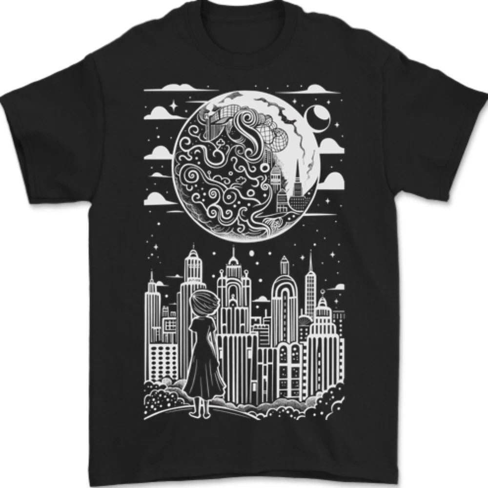 Fantasy City Black and White City Anime Mens T-Shirt 100% Cotton