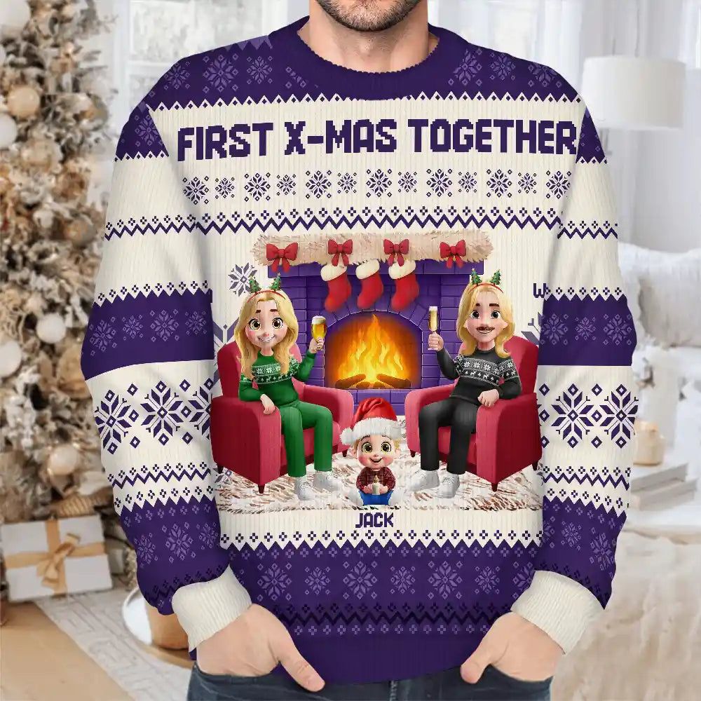 3D Effect Couple With Kids And Pets - Personalized Unisex Ugly Sweater