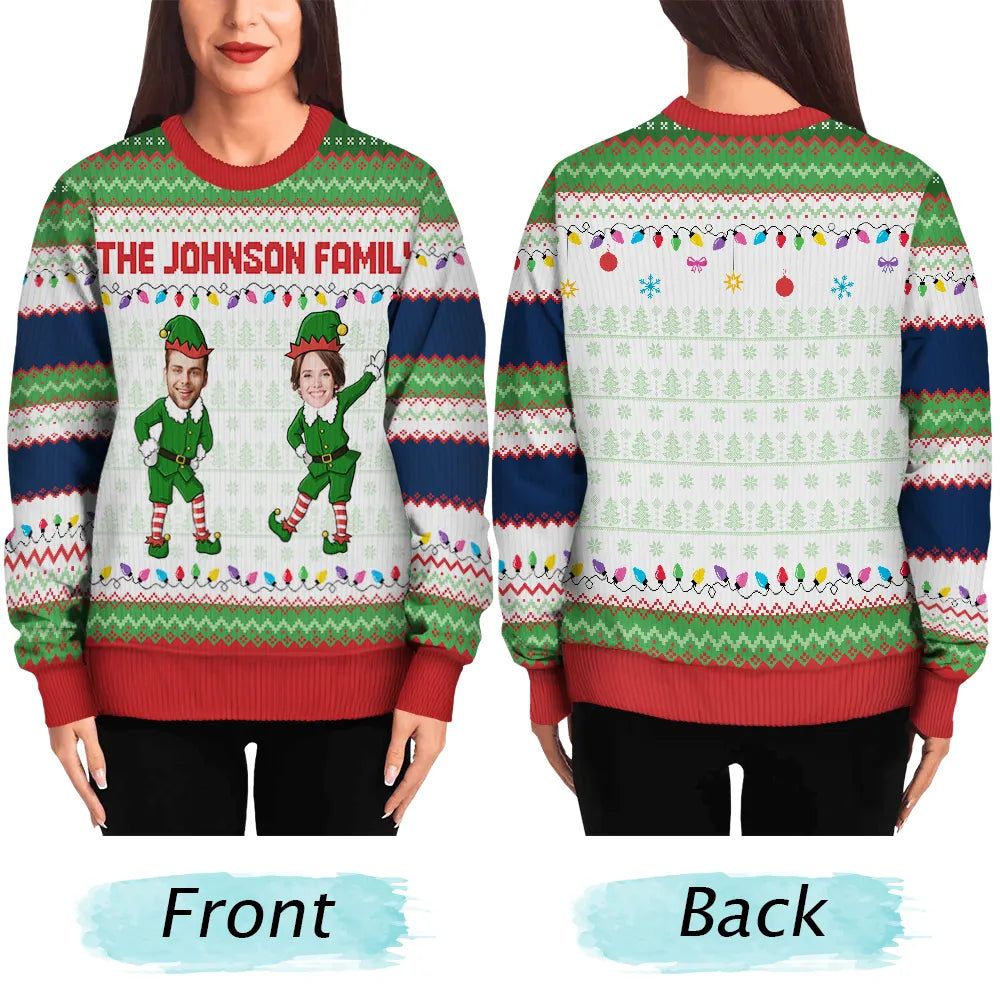 Custom Photo Funny Christmas Elf Family Face Cut - Personalized Unisex Ugly Sweater