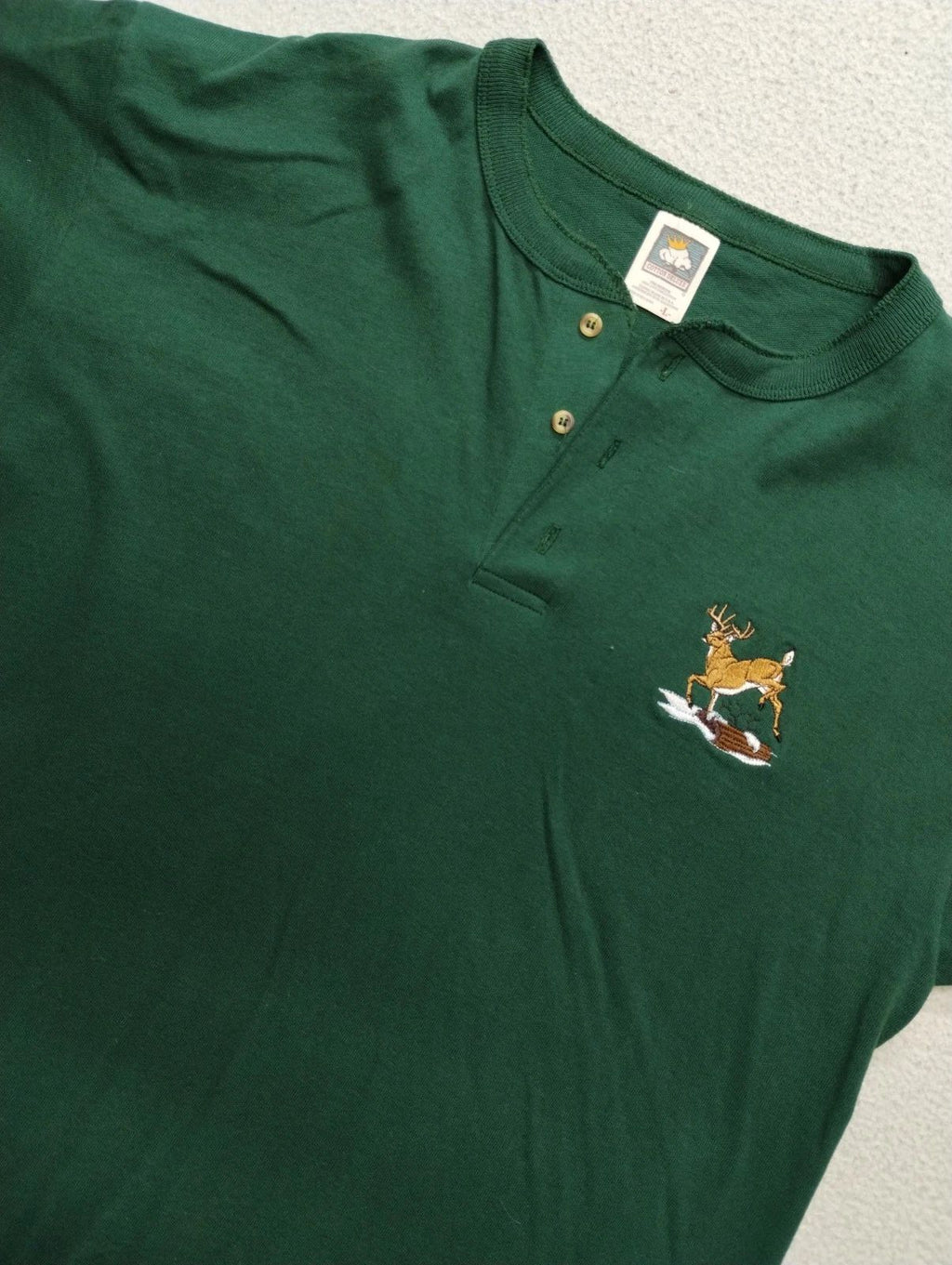 Vintage Cotton Deluxe Nature Deer Henley Large Mens Green Short Sleeve 90s