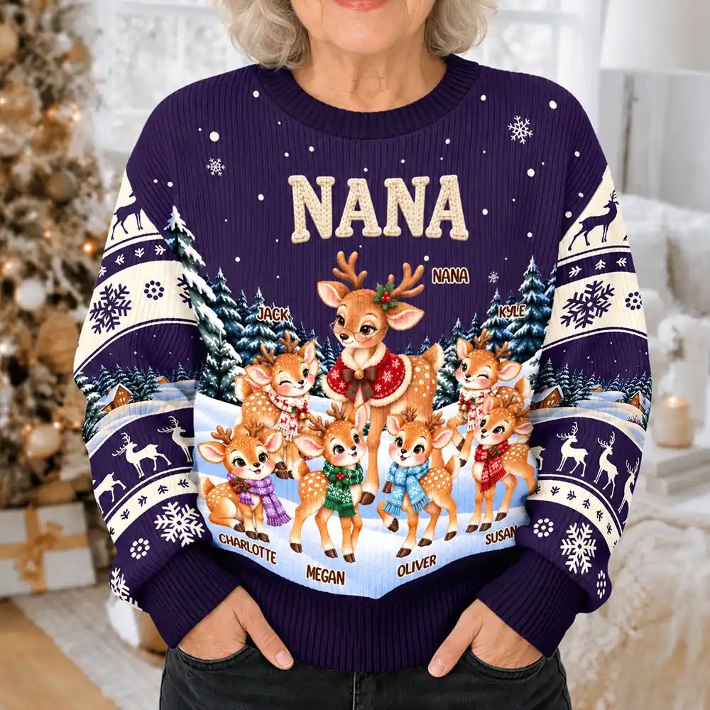 Christmas Gift For Grandma - Personalized Reindeer Grandkids Unisex Ugly Sweater