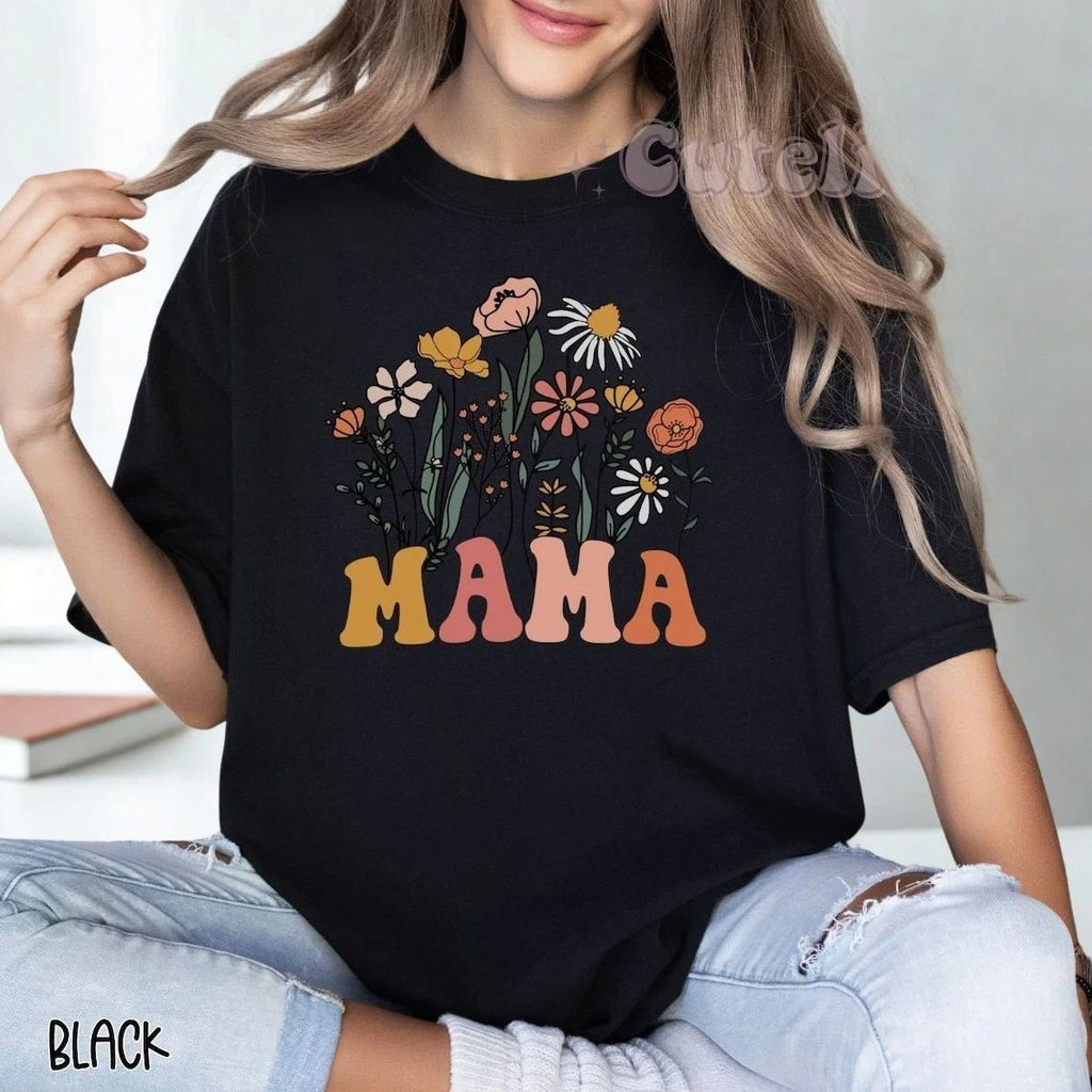 Mama Floral T-Shirt Retro Boho Flower Mom Shirt Cute Mother's Day Graphic Tee