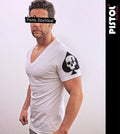 Pistol Boutique T-Shirt Uomo Fitted Bianco Deep V Neck Maniche Skull Ace Spades