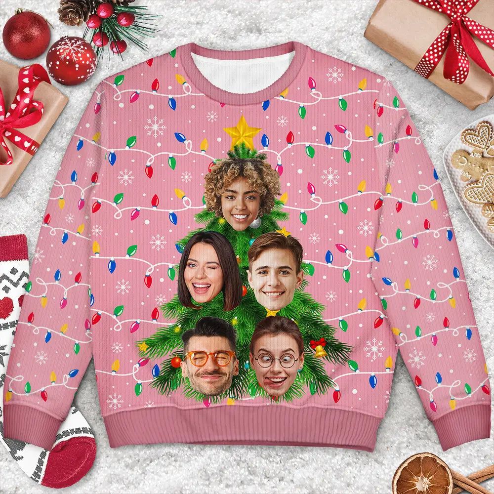 Custom Photo Family And Friends On Christmas Tree - Personalized Unisex Ugly Sweater