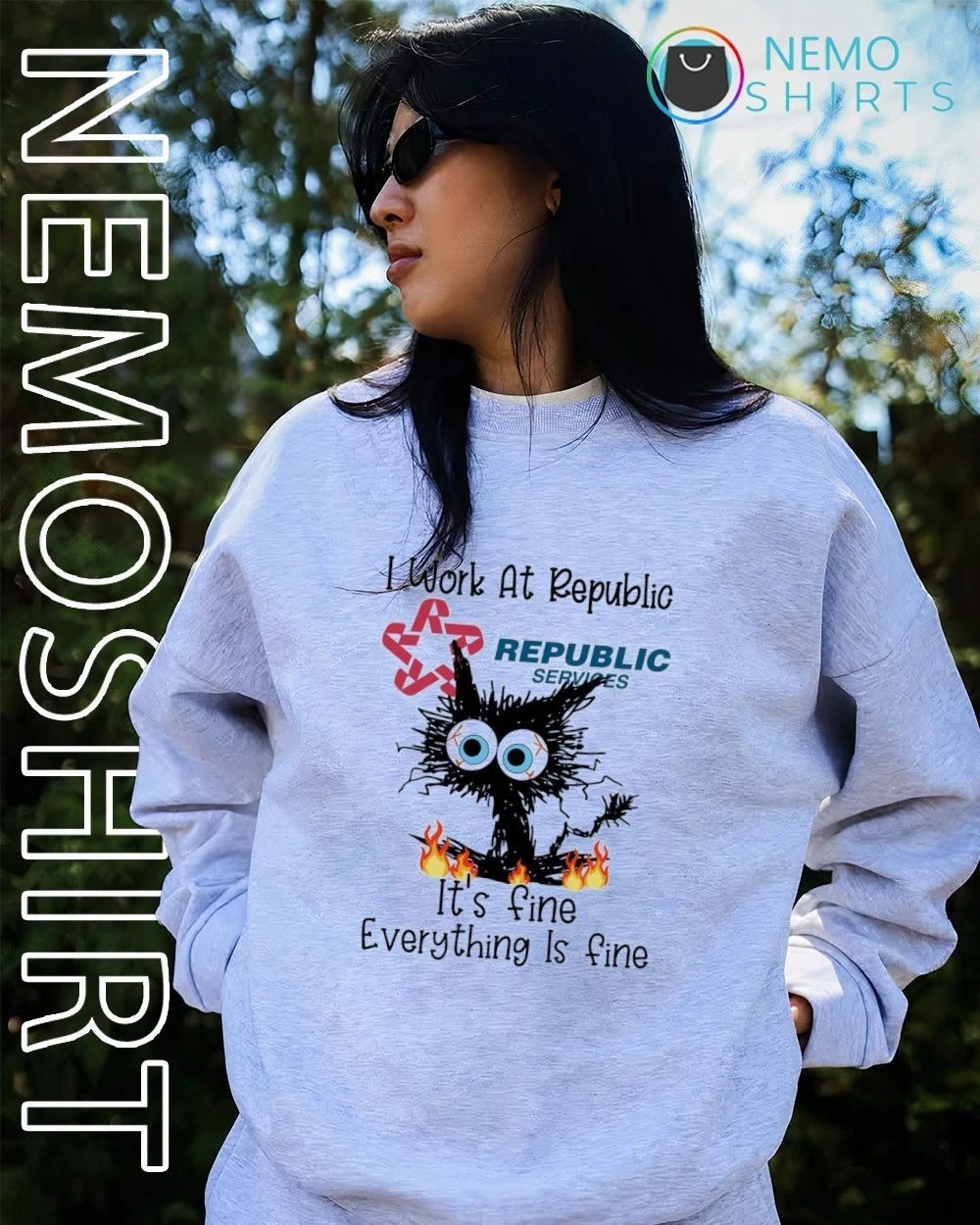 Black cat I work at Republic Services it’s fine everything is fine shirt