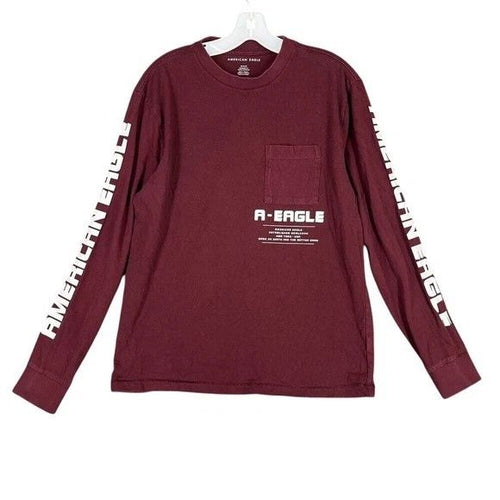 American Eagle Mens M Long Sleeve Graphic Pocket Tee Burgundy Streetwear Casual