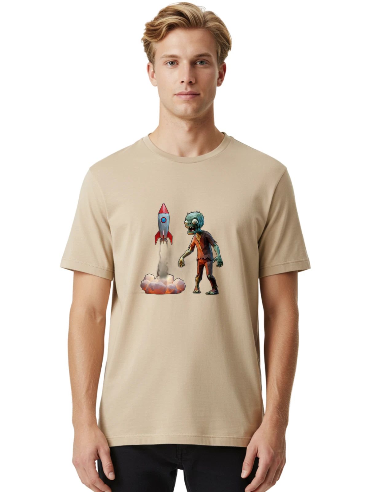 Zombie-And-Rocket Mens Graphic Tee, 100% Cotton, Casual Summer Wear