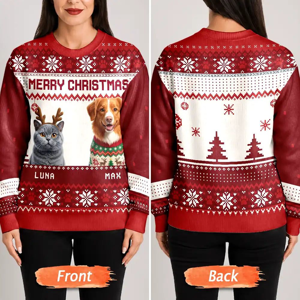 Christmas Gift For Pet Lovers - Personalized Custom Photo Cartoon Pet Portrait Unisex Ugly Sweater