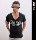 Pistol Boutique Uomo T-Shirt Nera Fitted Deep V Neck Chest Tattoo Swallows