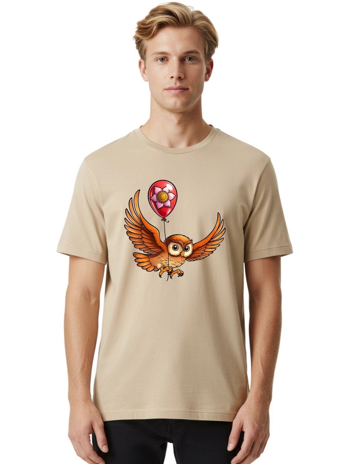 Owl-With-Balloon-Flower Mens Graphic Tee, 100% Cotton, Casual Summer Wear