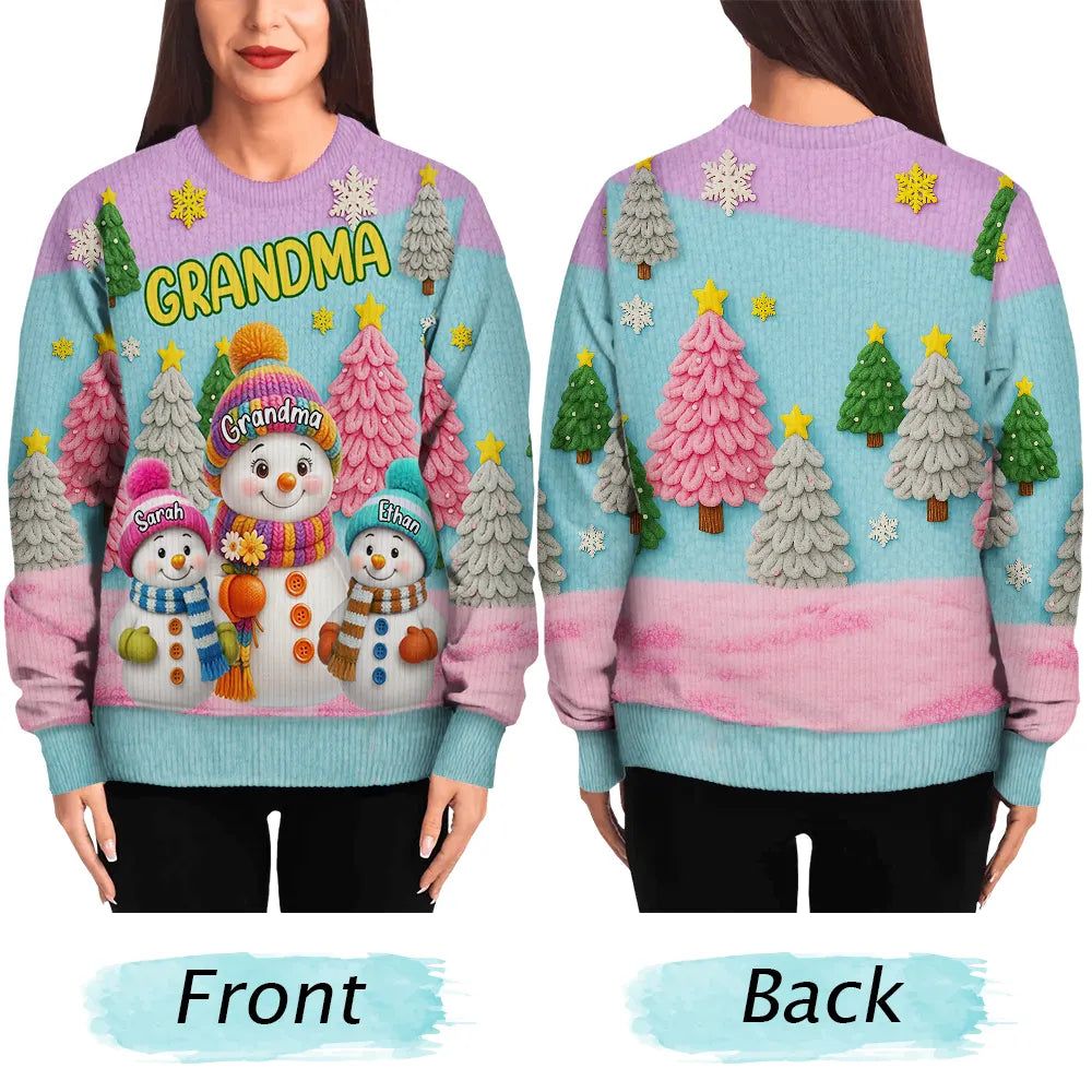 3D Effect Snowman Grandma Nana & Grandkids - Personalized Unisex Ugly Sweater