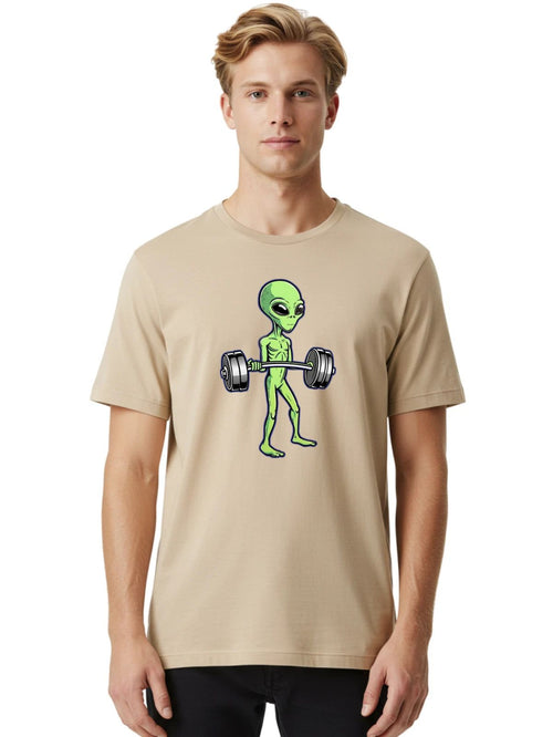 Alien-Lifting-Weights-1 Mens Graphic Tee, 100% Cotton, Casual Summer Wear