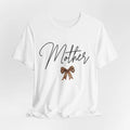 Mother Leopard Bow T-Shirt | Script Mom Tee, Animal Print Ribbon Design