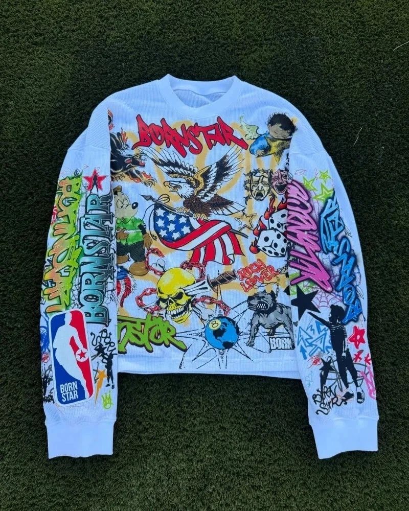 Harajuku Hip Hop High Street Trendy Oversized Long Sleeve T Shirt Men Y2k