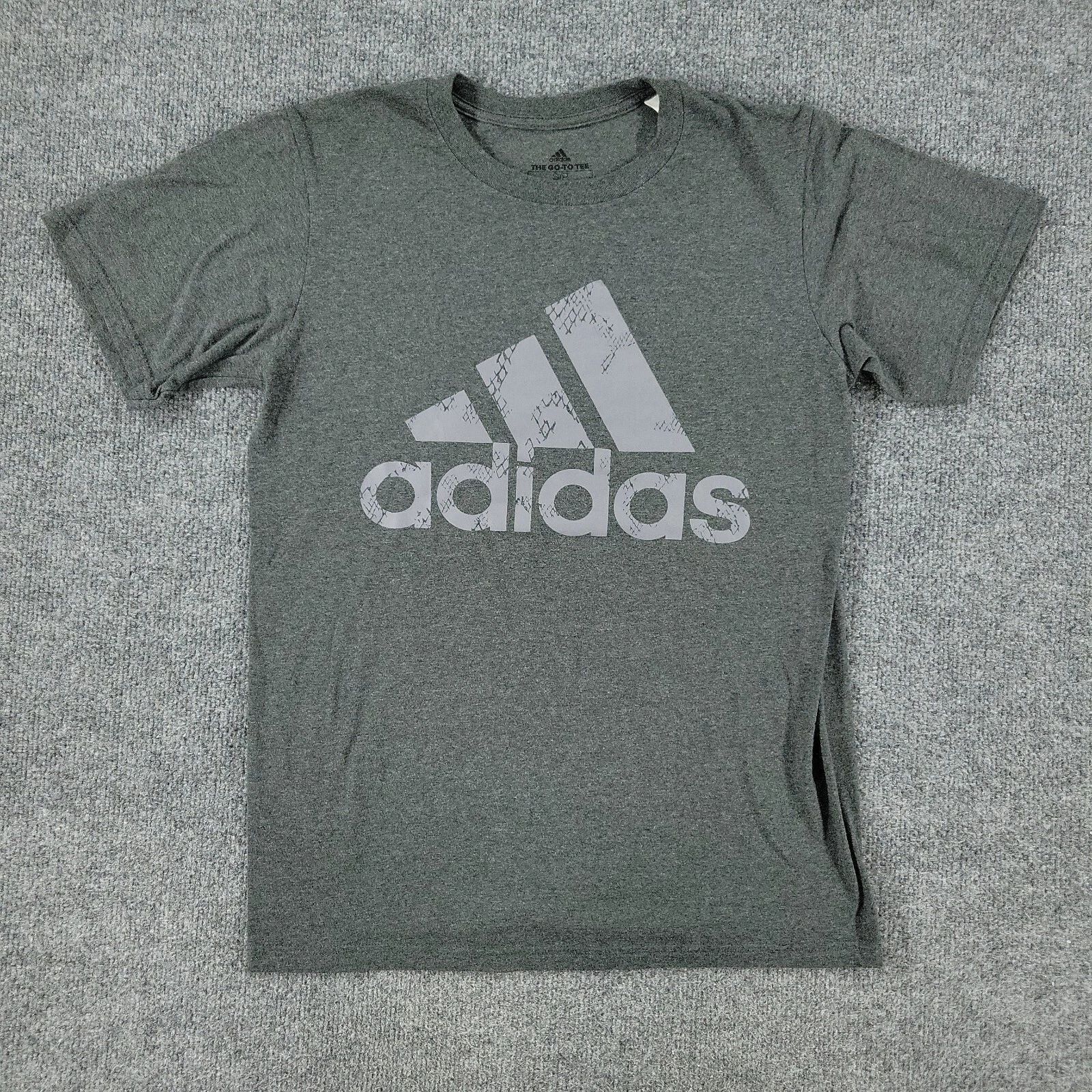 Adidas Shirt Men Small Gray Logo Go-To Tee Graphic Crew Neck Short Sleeve Adult