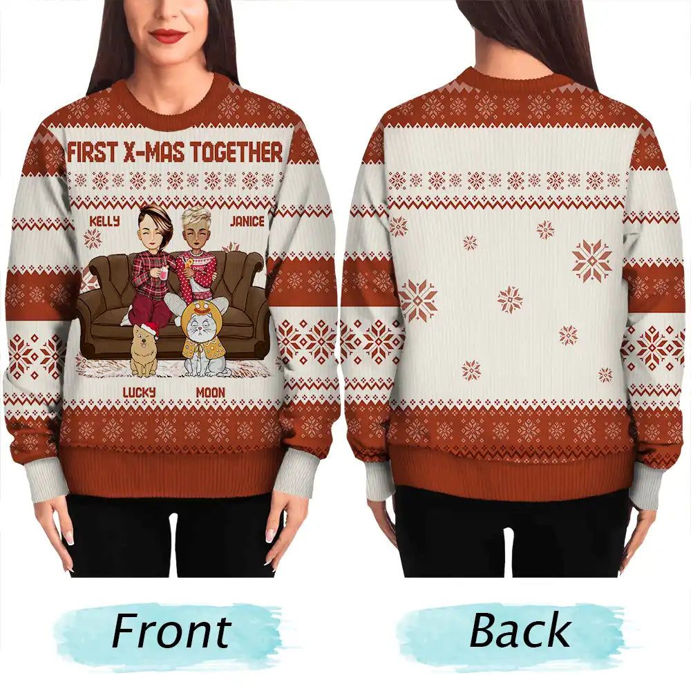 Cartoon Same Gender Couple With Kids And Pets - Personalized Unisex Ugly Sweater