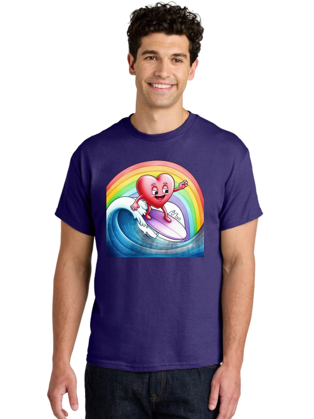 Heart-Surfing-Rainbow-Wave Mens Graphic Tee, 100% Cotton, Casual Summer Wear