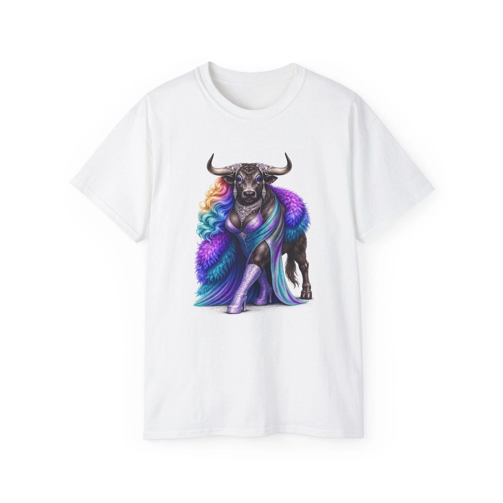 Rainbow Fur Bull Illustration Tee | Colorful Fantasy Animal Shirt