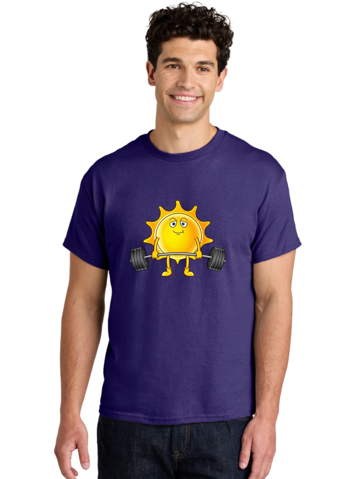 Smiling-Sun-Lifting-Weights-1 Mens Graphic Tee, 100% Cotton, Casual Summer Wear
