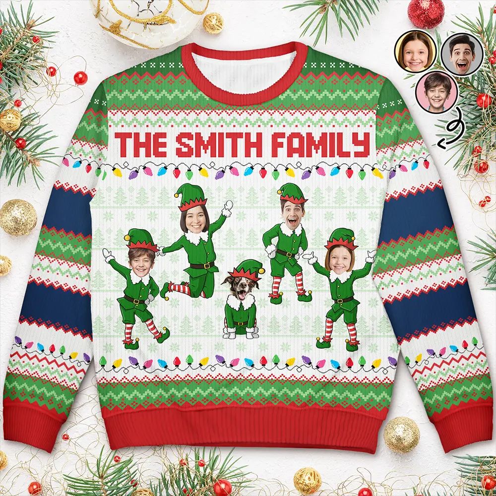 Custom Photo Funny Christmas Elf Family Face Cut - Personalized Unisex Ugly Sweater