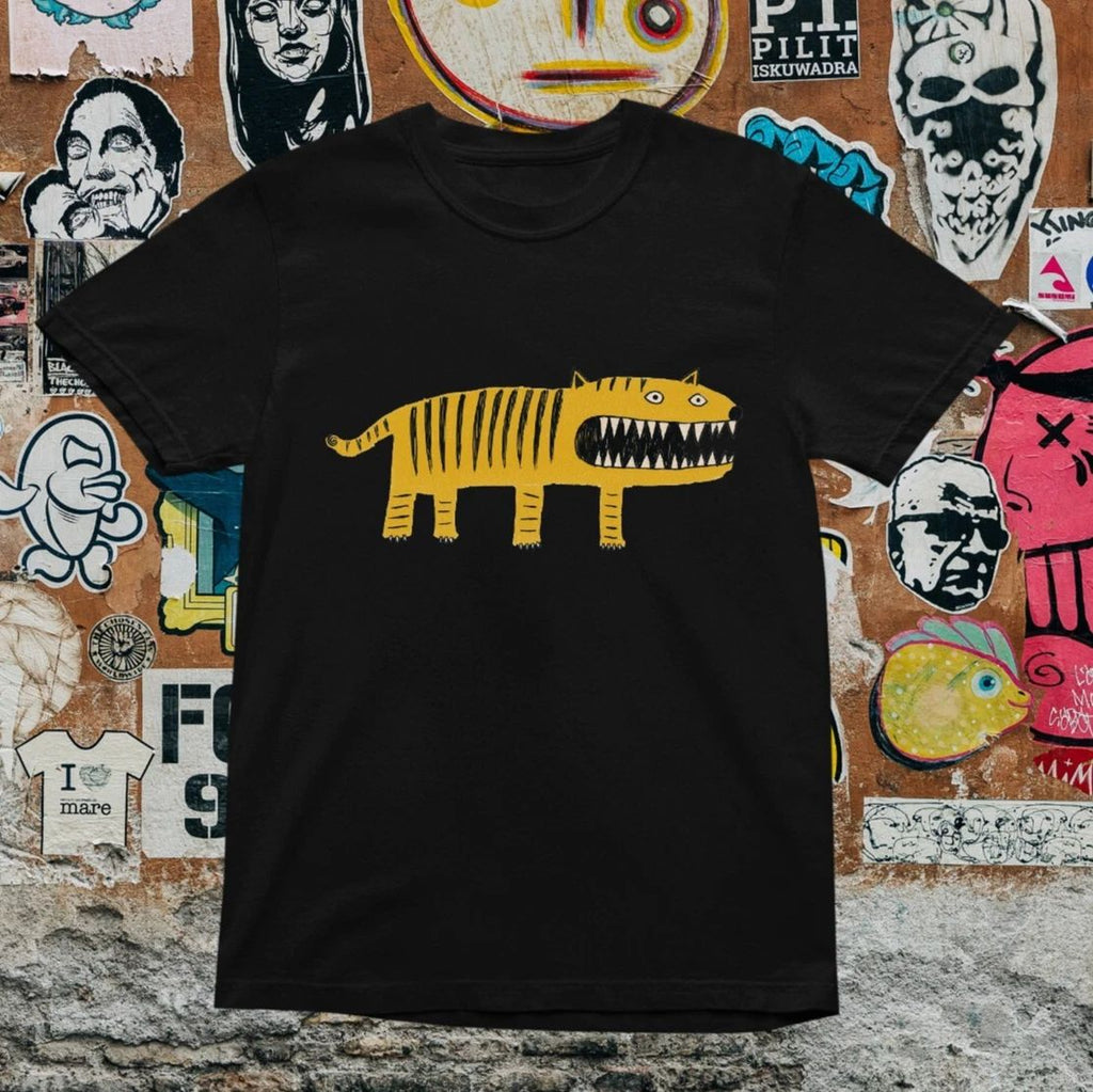 Yellow Tiger Cartoon Graphic T-Shirt Black Funny Teeth Design Street Art Style