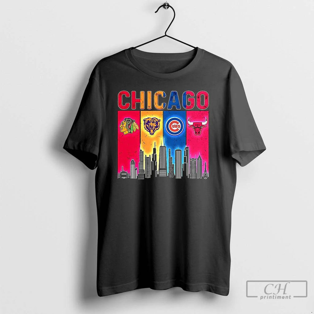 Premium Chicago Sports Teams Blackhawks Bears Cubs Bulls Skyline T Shirts