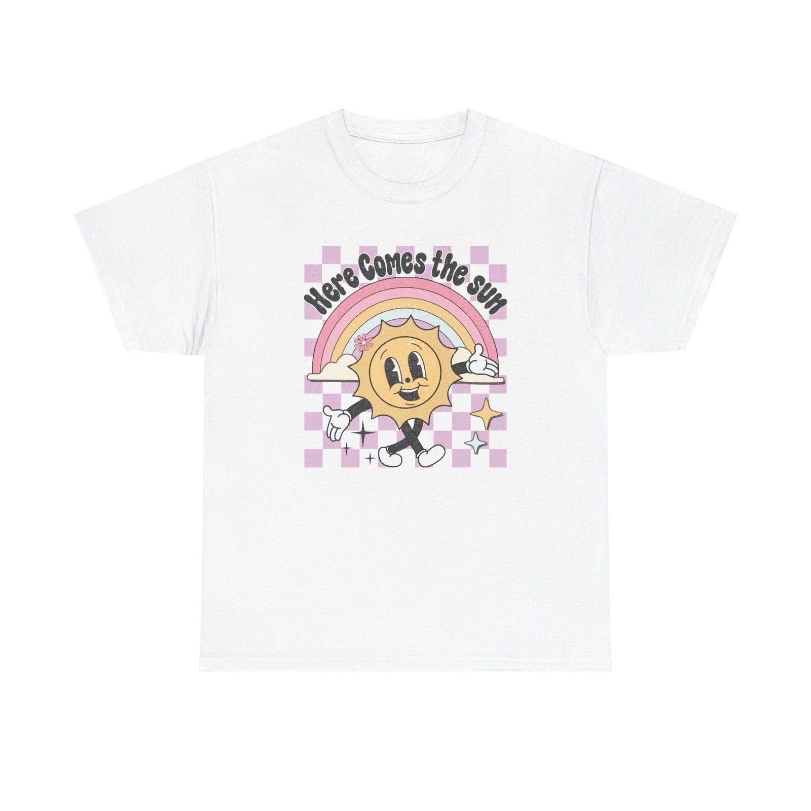 Here Comes the Sun tee | Retro smiling sun rainbow, checkerboard