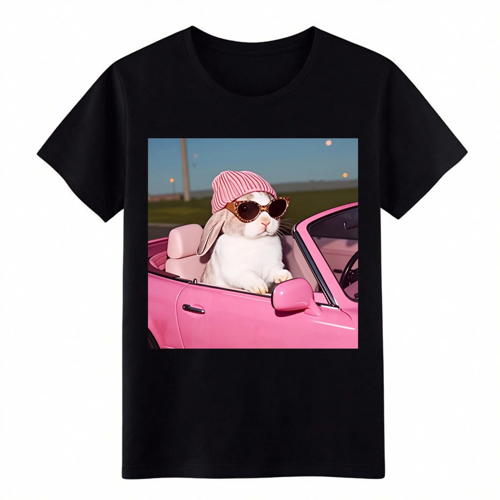 Cool Bunny in Pink Convertible T-Shirt-Funny Retro Car Graphic Tee for Men&Women