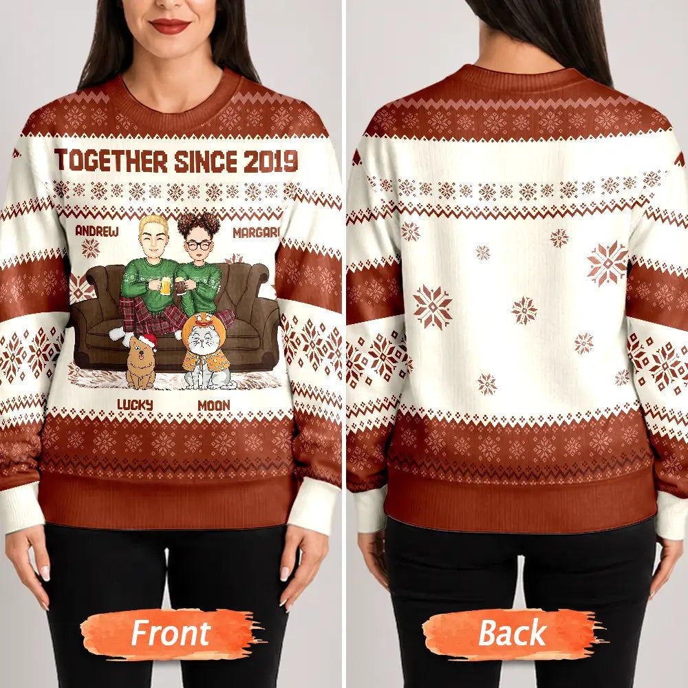 Cartoon Couple With Kids And Pets - Personalized Unisex Ugly Sweater