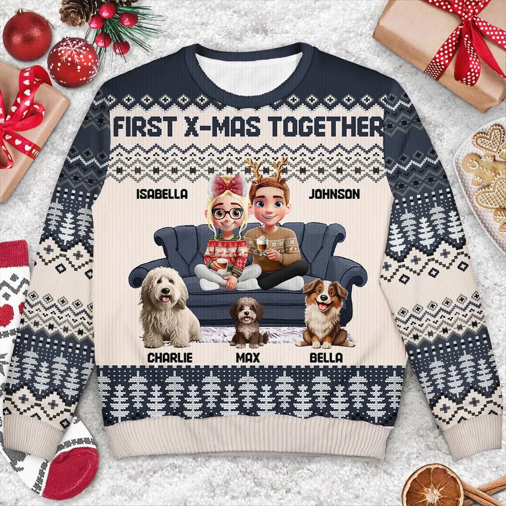 Cute Couple With Kids And Dogs 3D Effect - Personalized Unisex Ugly Sweater