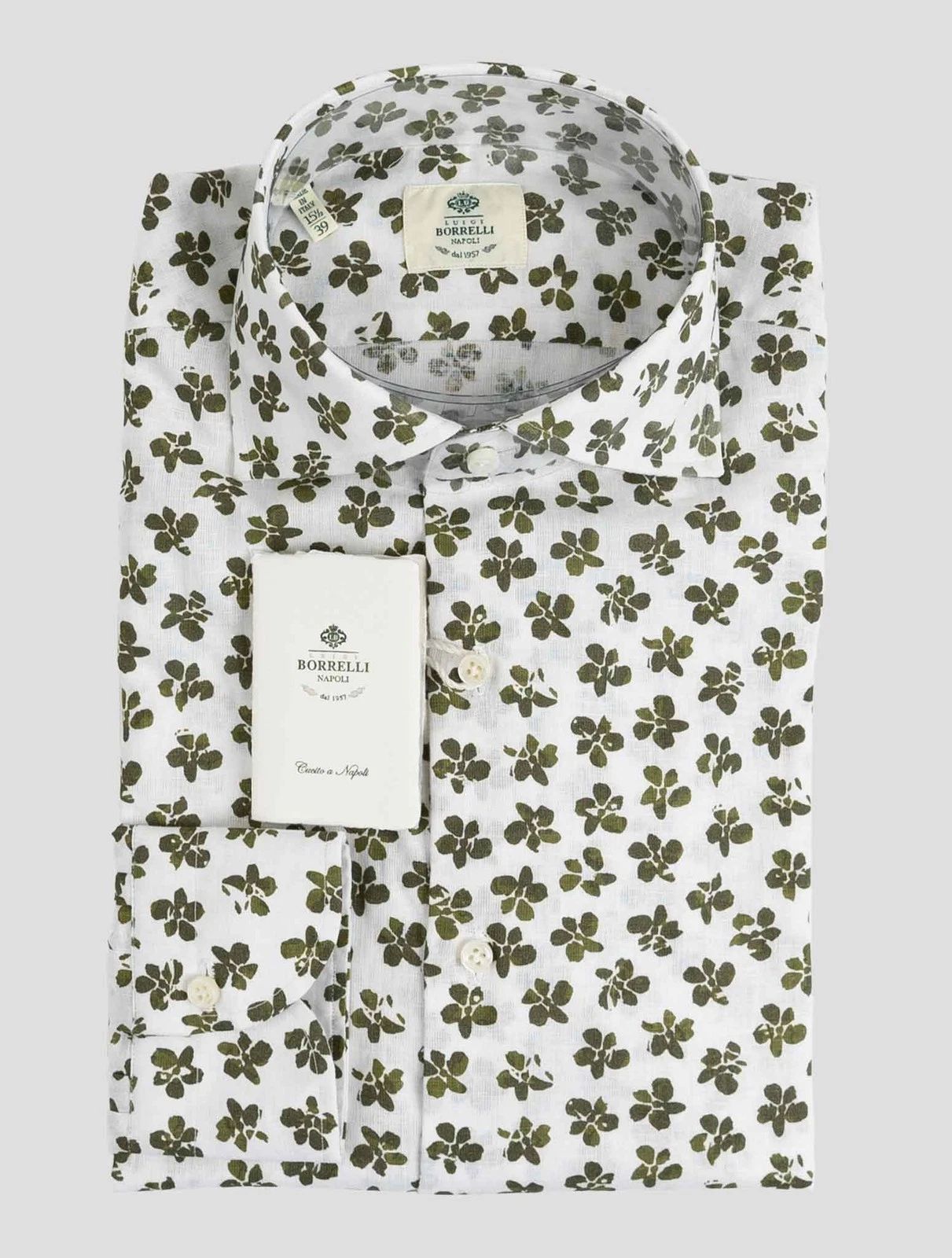 NEW LUIGI BORRELLI WHITE GREEN LINEN  COTTON SHIRT US 17 - EU 43 B2V54