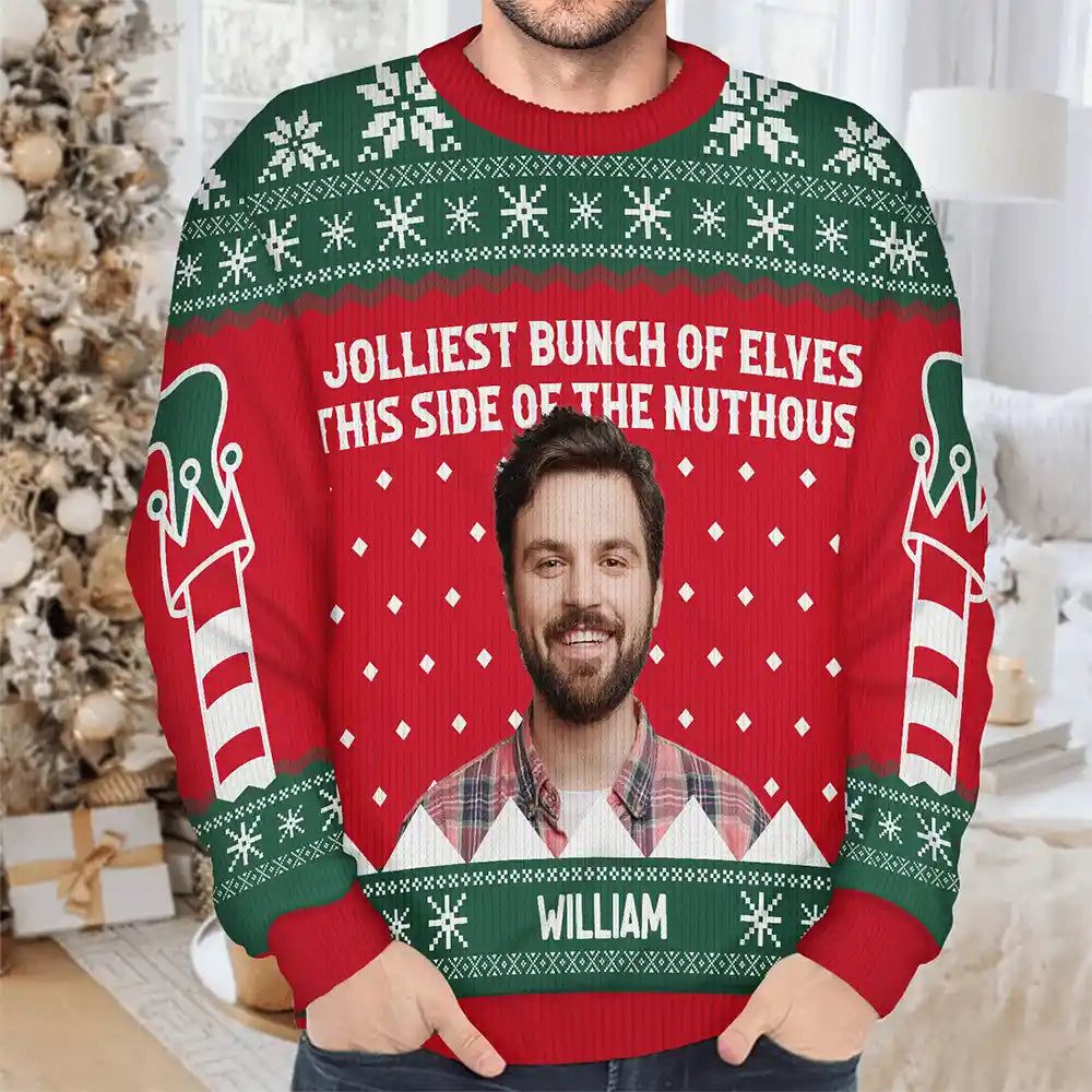 Custom Photo Jolliest Bunch Of Elves - Personalized Unisex Ugly Sweater