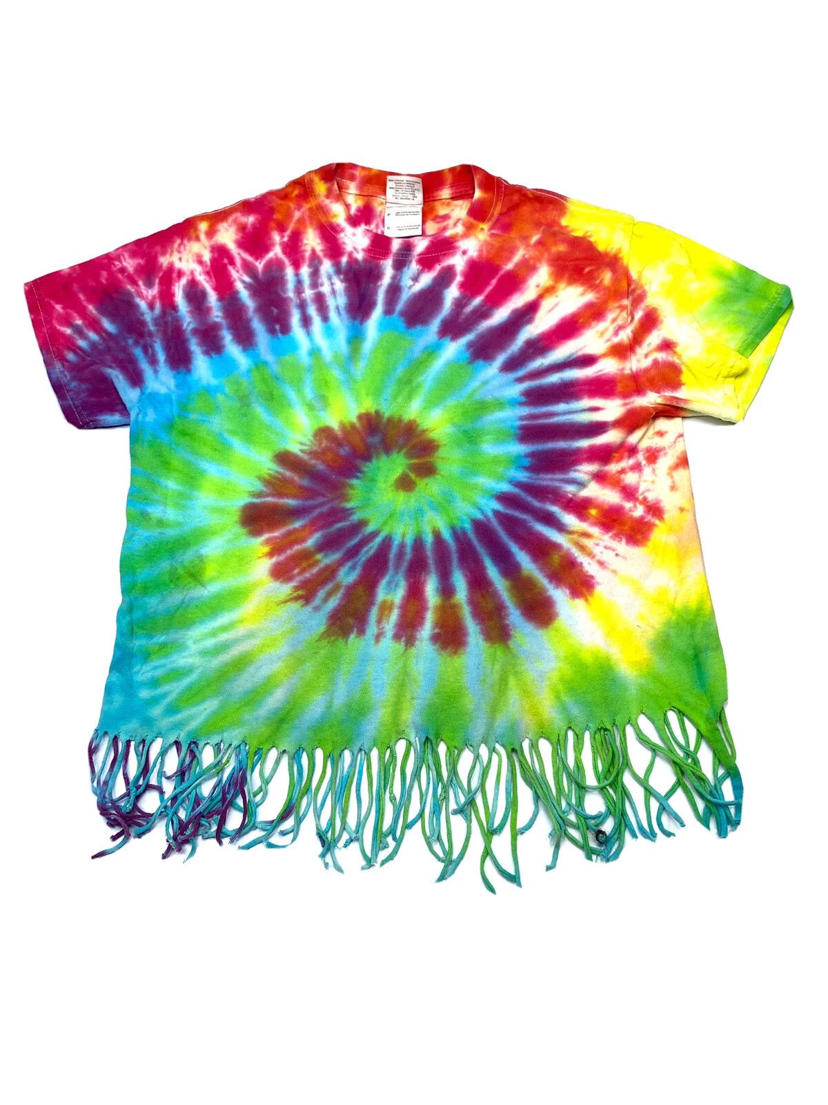 VTG Gildan Womens Custom Tie Dye Fringe T Shirt Size Small Sleeve Boho Festival