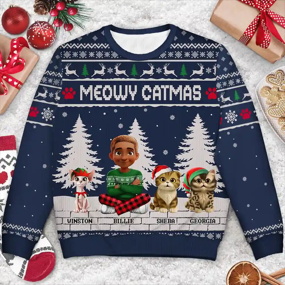 3D Effect Meowy Catmas - Personalized Unisex Ugly Sweater