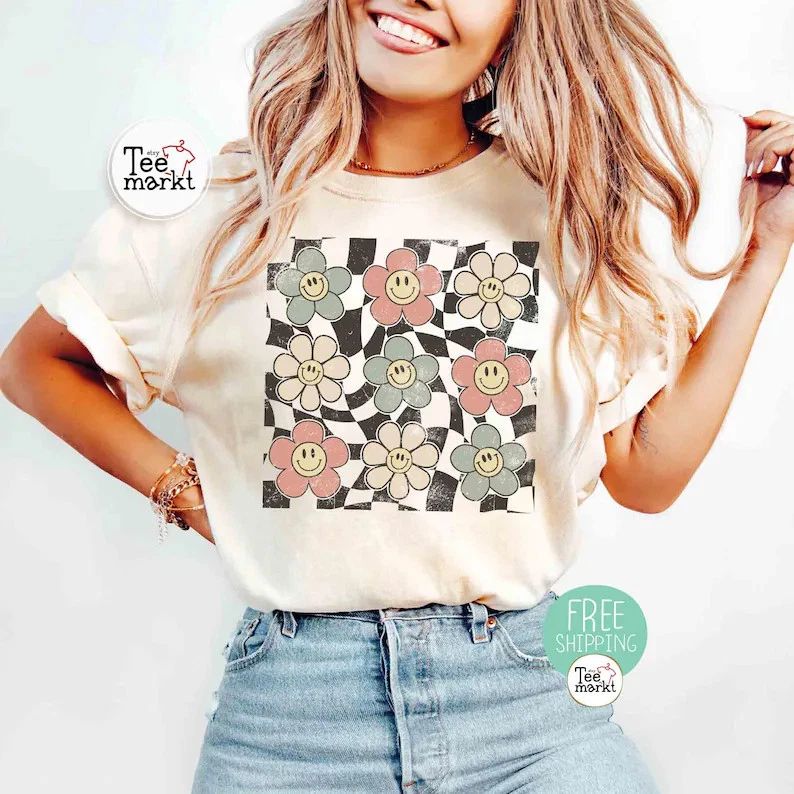 Boho Happy Flowers Comfort Tee Shirt Relaxed Fit Soft Cotton