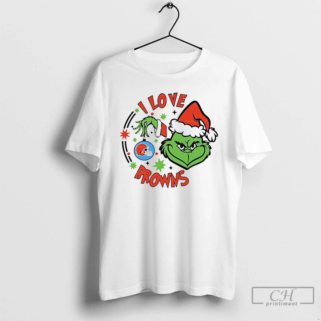 Classic Cleveland Browns X Santa Grinch I Love Browns Christmas White T Shirts