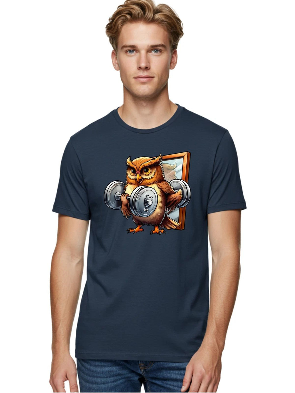Owl-Lifting-Weights-1 Mens Graphic Tee, 100% Cotton, Casual Summer Wear