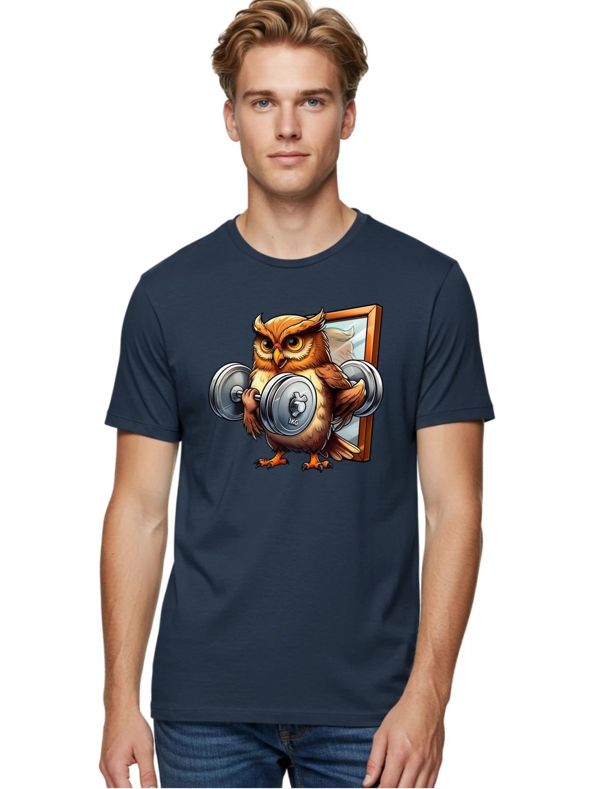Owl-Lifting-Weights-1 Mens Graphic Tee, 100% Cotton, Casual Summer Wear