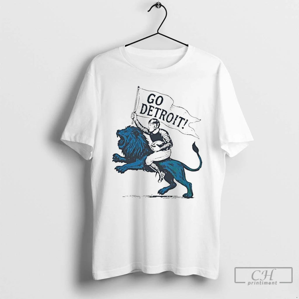 Classic Detroit Lions Player Riding Lion Go Detroit Graphic T Shirts